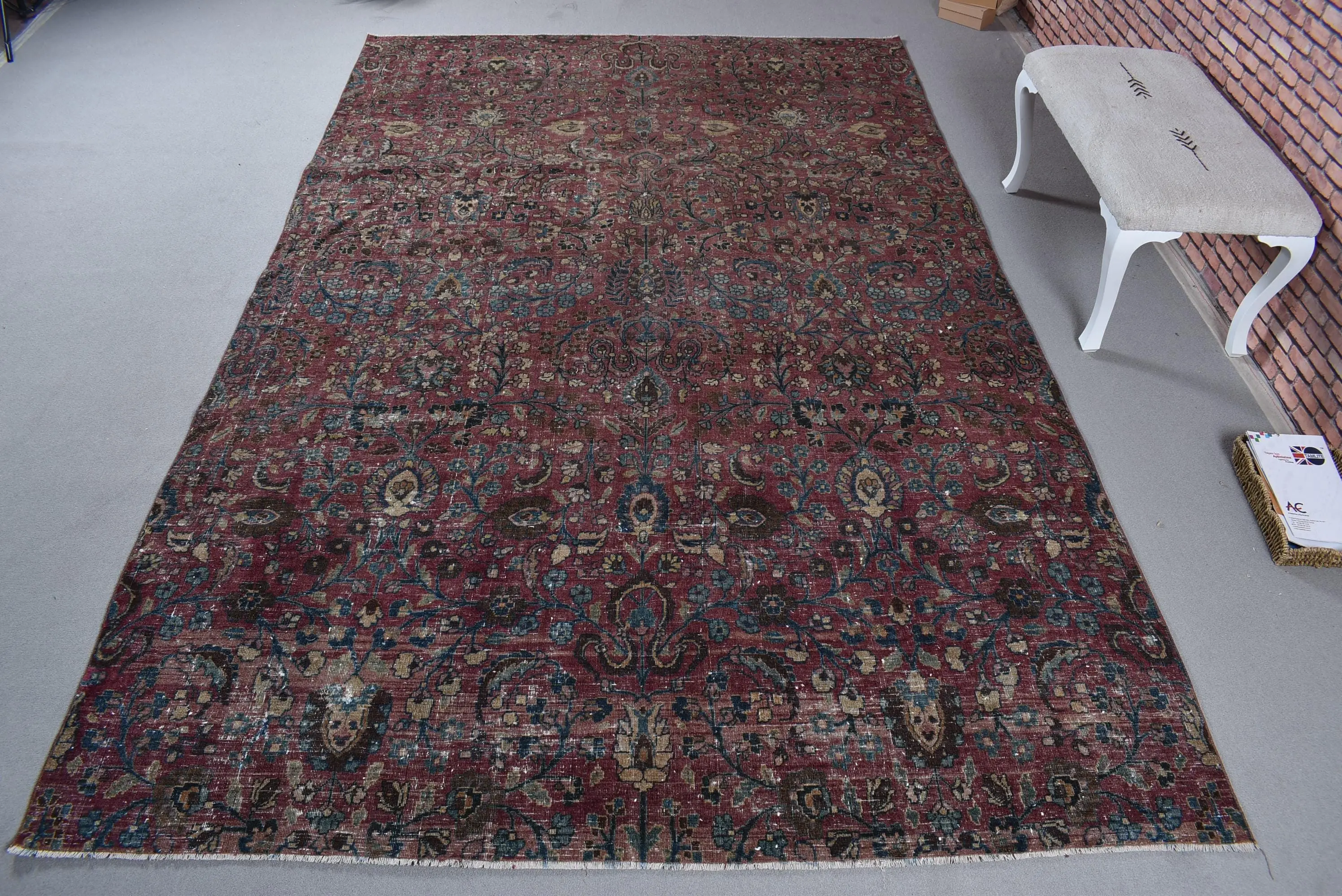 Vintage 7.1x11.1 ft Rug, Oversize Turkish Rug, Red Blue Solid Rug - 1