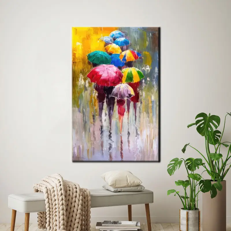 トレンディなカラフルな傘キャンバス: 鮮やかな雨の日アートプリント