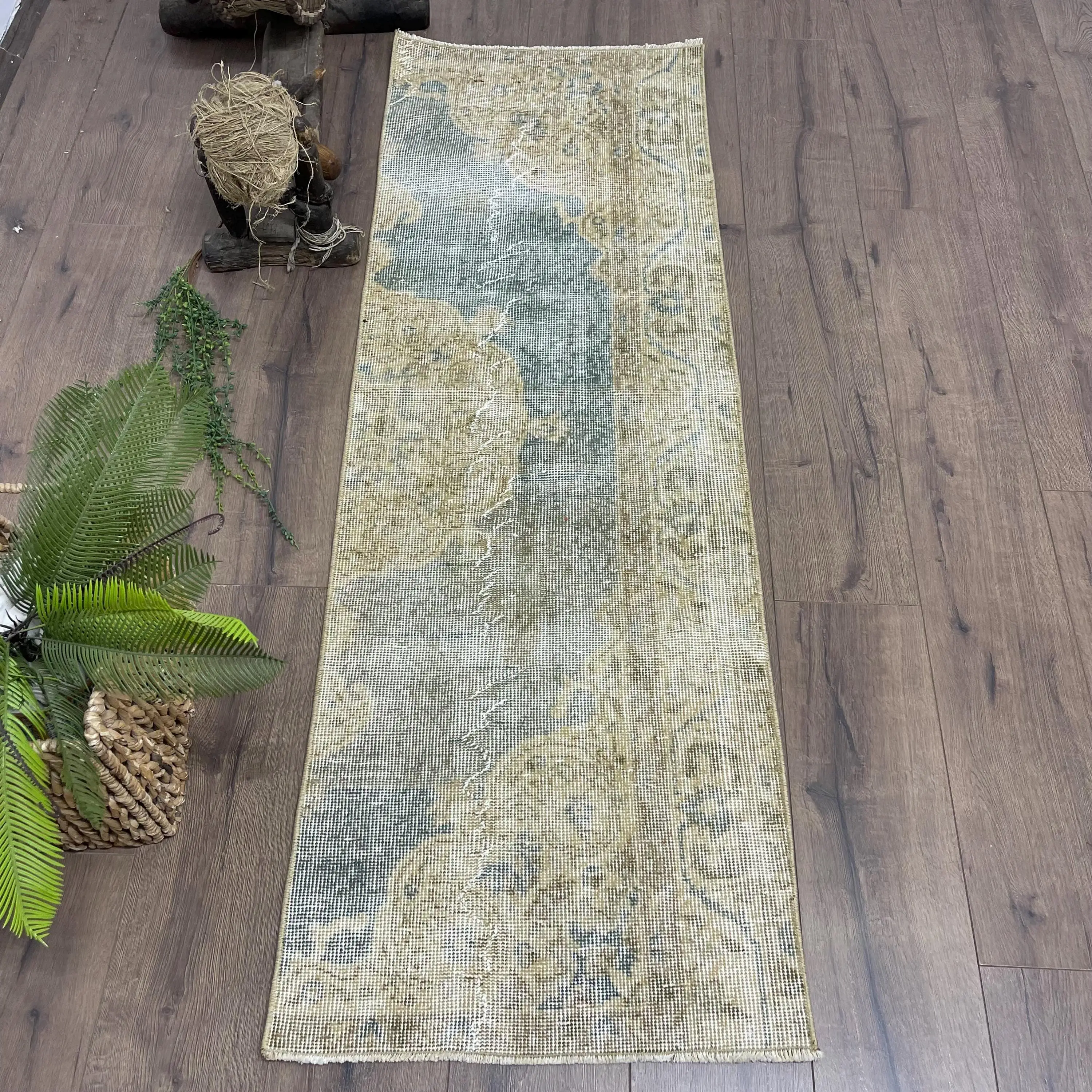 1.9x5.5 ft Vintage Rug, Gray Floral Turkish Wool Rug - 1
