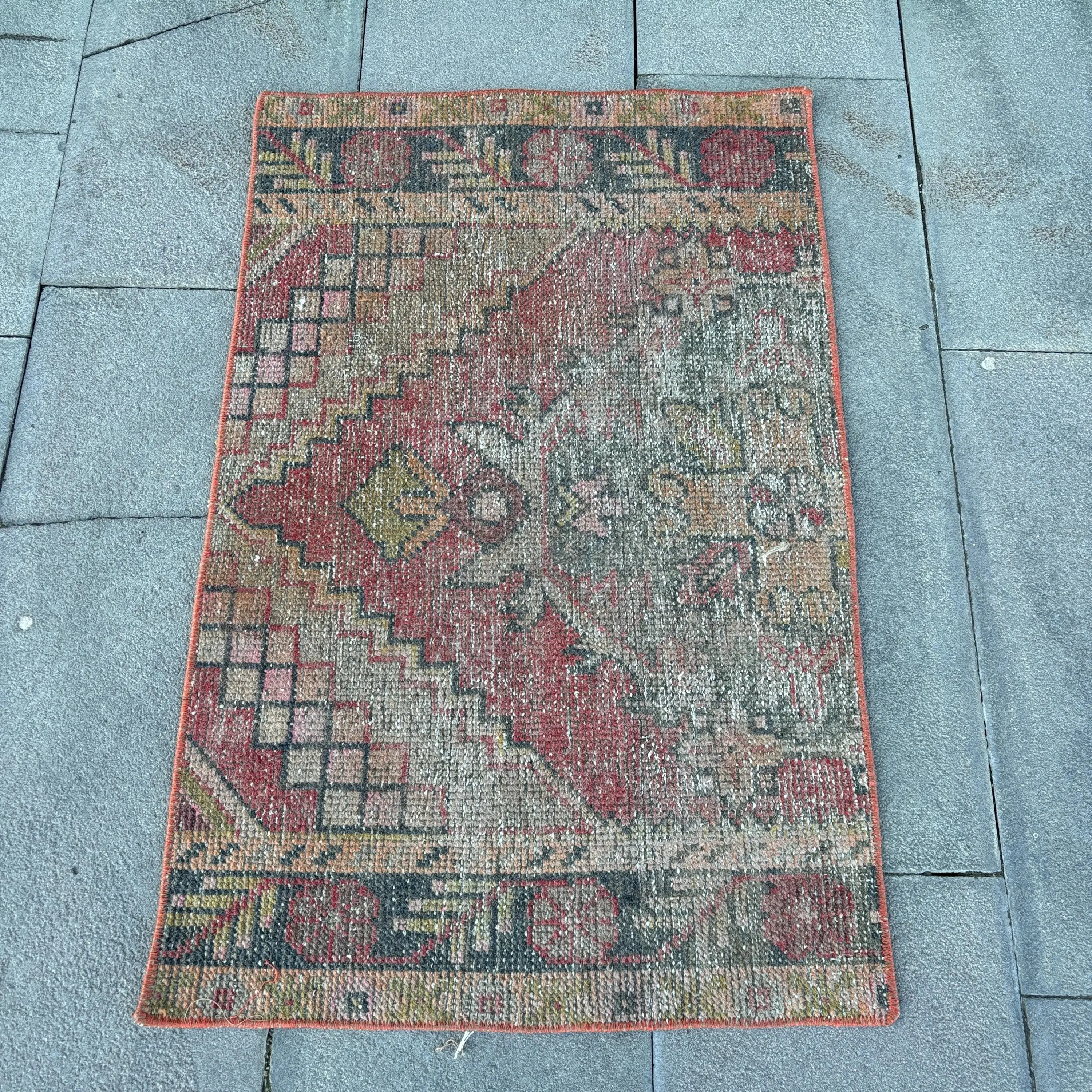Turkish Vintage Rug, Small 2x3.1 ft (60x94 cm) Rug, Red Floral Wool Rug - 1