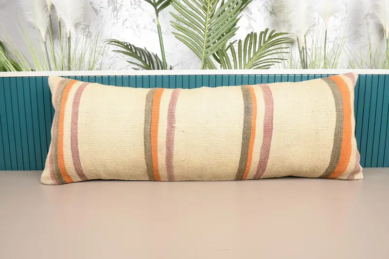 Beige & Orange gestreiftes Kissen, handgefertigtes besticktes Kissen