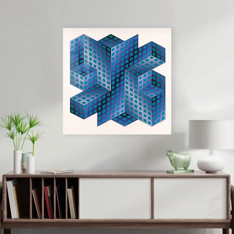 Abstract Printed Glass: Modern Blue Art Inspired by Vasarely