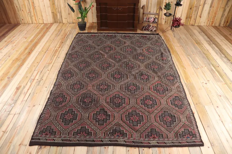 6.7x9.8 ft Halı, Vintage Türk Halısı, Kahverengi Patchwork Yün Halı - 1