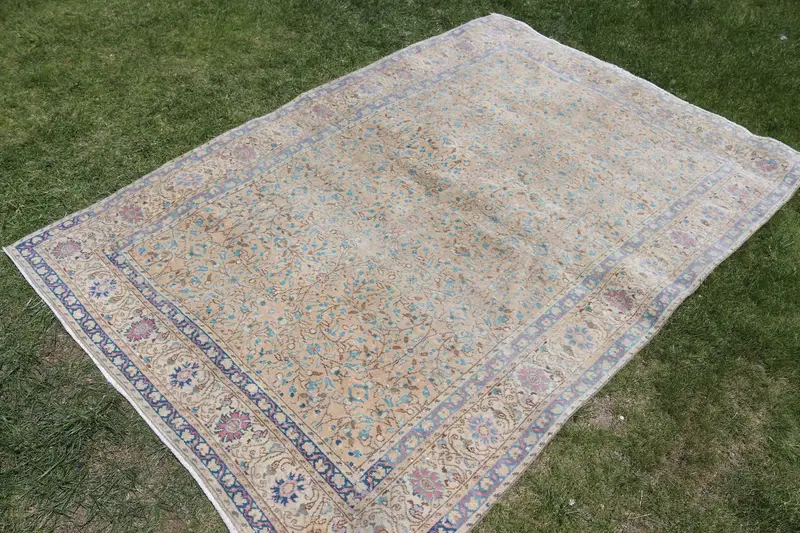 Türkischer Vintage-Teppich, 4,6 x 6,8 Fuß großer Teppich, blaubrauner Teppich mit Rand - 1