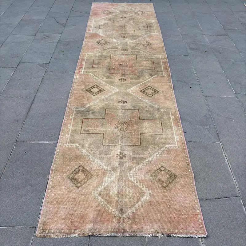Red Ikat Rug, 3,1x11,9 ft with Green Accents