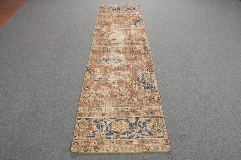 Vintage Oushak Rug 2.3x8.5 ft, Brown Blue Patchwork Wool Turkish Rug - 1