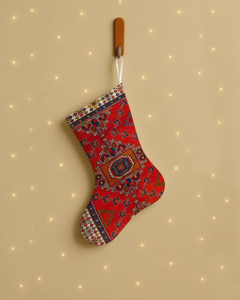 Red Christmas Stocking with Bronze Ornaments, 20-Inch Wide Holiday Stocking