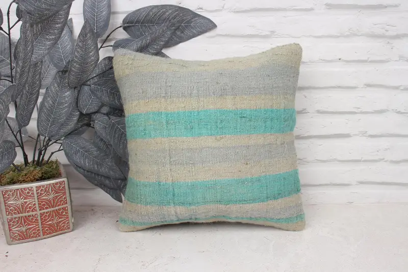 Pillow for Sofa, Kilim Pillow Cover, Pillow Cover, Turkish Kilim Pillow, Living Room Throw Cushion Cover, 14x14 Green Pillow Cover - 1