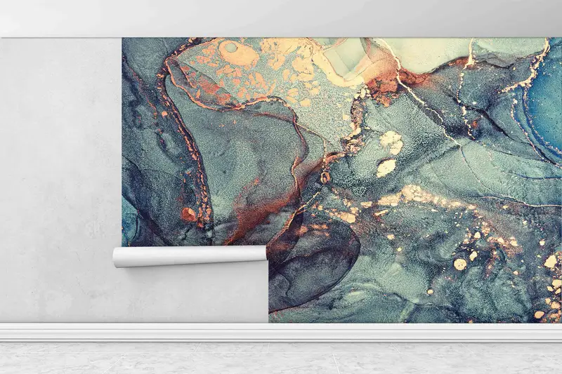Green And Blue Marble Wall Poster, Modern Wall Decals, Gold Marble Mural, Shimmery Paper Art, Art Deco Wallpaper, Gift Wallpaper, Marble Art - 1