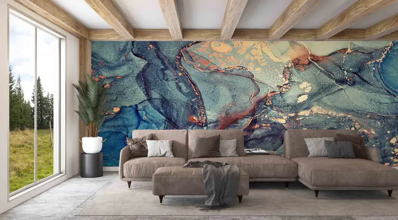 Green And Blue Marble Wall Poster, Modern Wall Decals, Gold Marble Mural, Shimmery Paper Art, Art Deco Wallpaper, Gift Wallpaper, Marble Art - 2