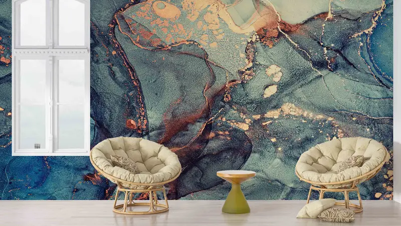 Green And Blue Marble Wall Poster, Modern Wall Decals, Gold Marble Mural, Shimmery Paper Art, Art Deco Wallpaper, Gift Wallpaper, Marble Art - 9