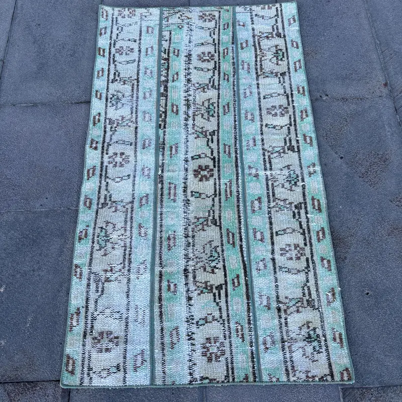 Oushak Türk Halısı, 2.1x3.8 ft Vintage Halı, Mavi Çizgili Yün Halı - 1