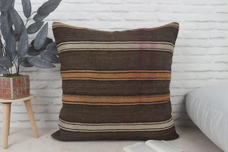 Bed Pillow Sham, Cushion, Hippie Throw Cushion Case, 28x28 Brown Cushion, Pillow for Couch, Home Decor Pillow, Turkish Kilim Pillow - 1