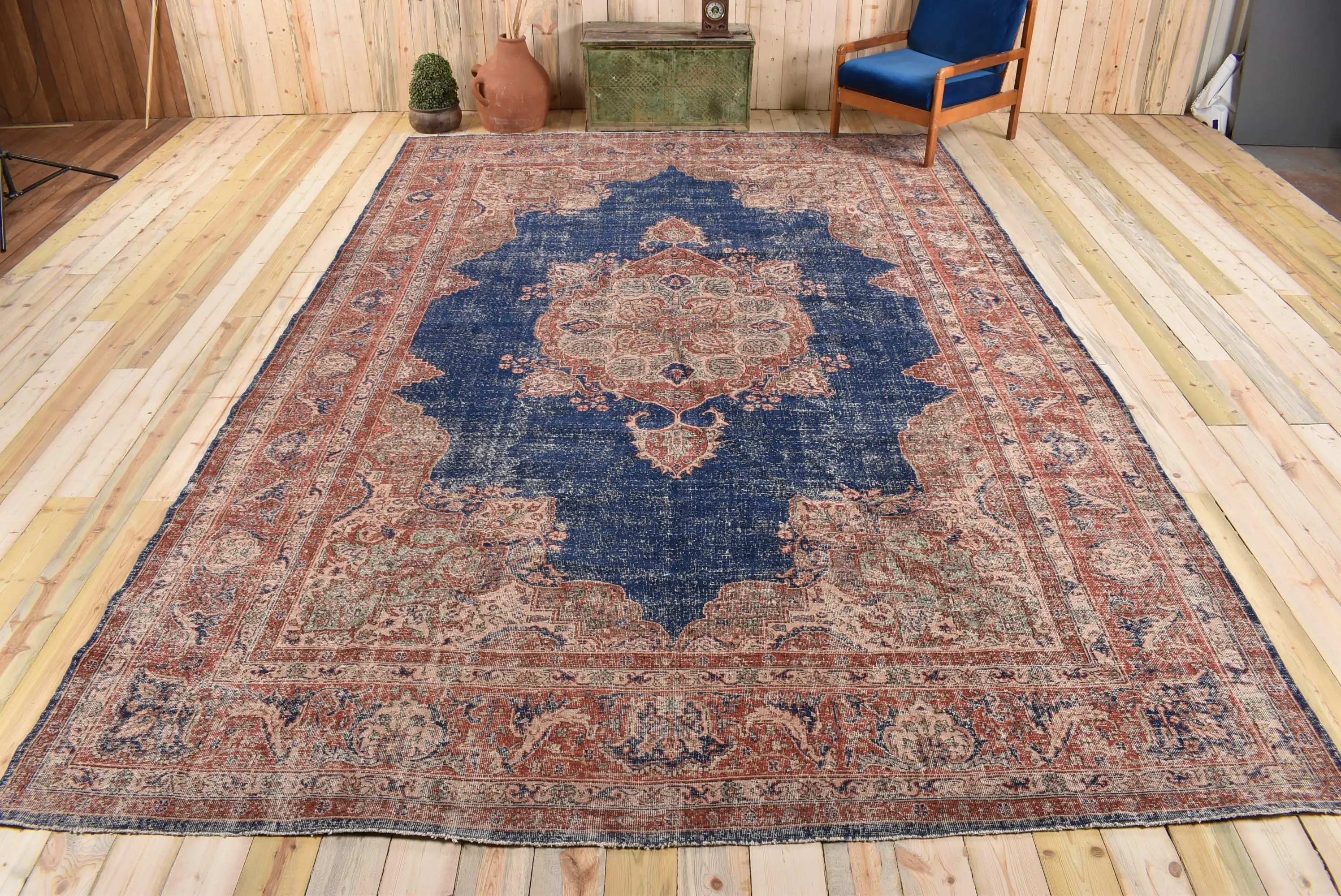 Turkish Vintage Rug 9.5x14.5 ft (291x442 cm), Blue Red Moroccan Rug - 1