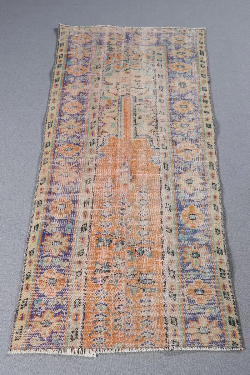 オレンジ&ブルーの抽象ラグ、2.5x5.4フィートの鮮やかな装飾。
