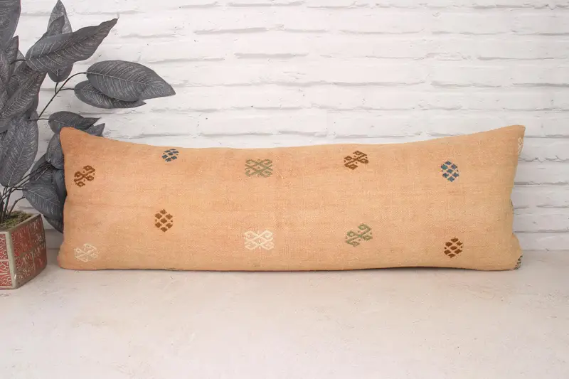 Ethnical Kilim Rug Pillow, 12x36 Beige Cushion, Kilim Pillow Cover, Antique Pillows, Decorative Throw Cushion Cover, Pillow Sham - 1