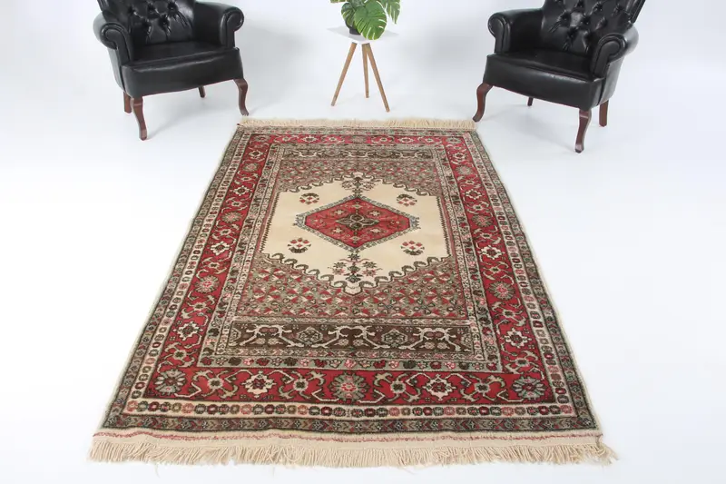 Vintage Türk Halısı, Alan 4.8x7.8 ft (145x238 cm) Halı, Kırmızı Patchwork Yün Halı - 1
