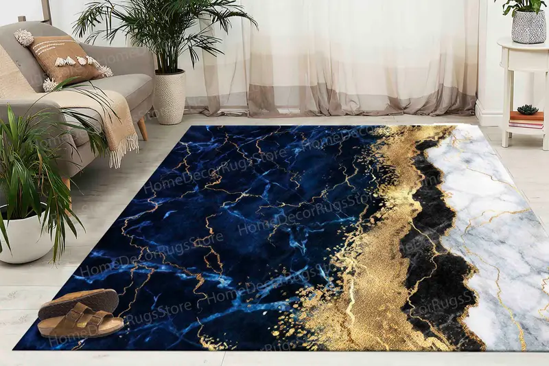 ネイビー ブルー ゴールド マーブル プリント ラグ: コンテンポラリー エレガンス