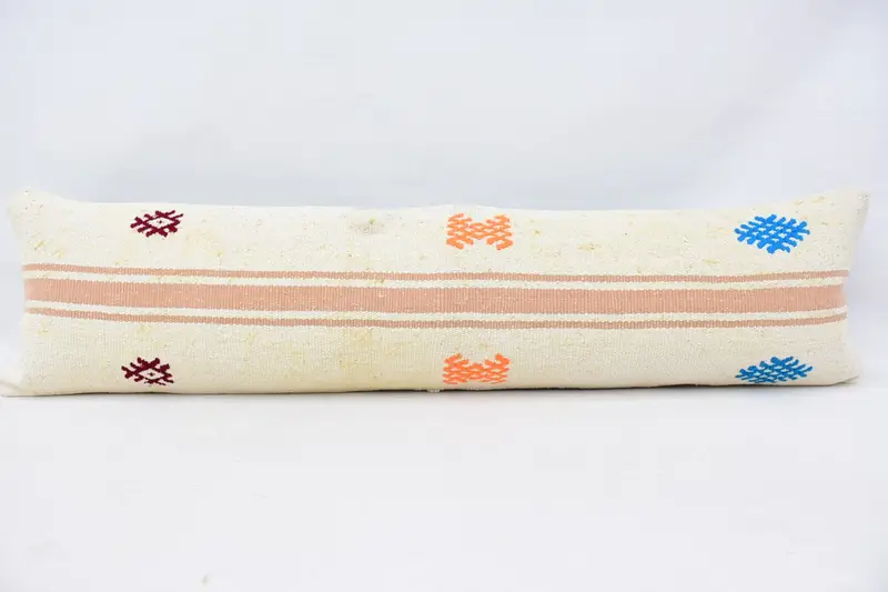 Hippie Throw Cushion Case, Turkish Kilim Pillow, Throw Kilim Pillow, Cushion Cover, Ethnical Kilim Rug Pillow, 12x48 White Pillow Sham - 1