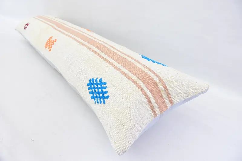 Hippie Throw Cushion Case, Turkish Kilim Pillow, Throw Kilim Pillow, Cushion Cover, Ethnical Kilim Rug Pillow, 12x48 White Pillow Sham - 6