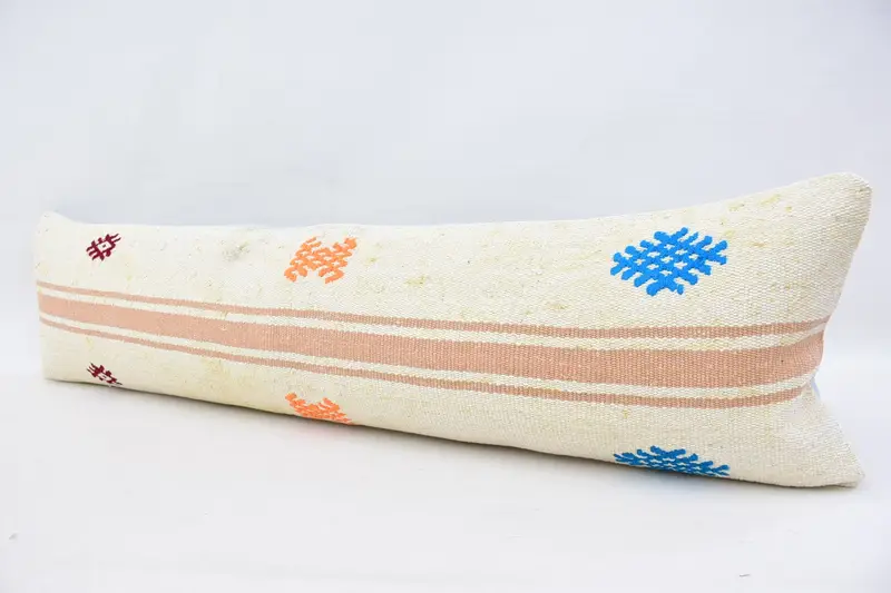 Hippie Throw Cushion Case, Turkish Kilim Pillow, Throw Kilim Pillow, Cushion Cover, Ethnical Kilim Rug Pillow, 12x48 White Pillow Sham - 4