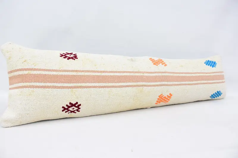 Hippie Throw Cushion Case, Turkish Kilim Pillow, Throw Kilim Pillow, Cushion Cover, Ethnical Kilim Rug Pillow, 12x48 White Pillow Sham - 3