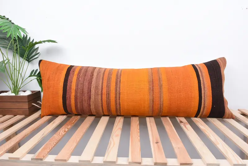 Pillow Sham, Boho Pillow, Morroccon Kilim Cushion Pillow Sham, 16x48 Orange Pillow Cover, Gift Pillow, Pillow for Couch, Outdoor Throw Pillow - 1