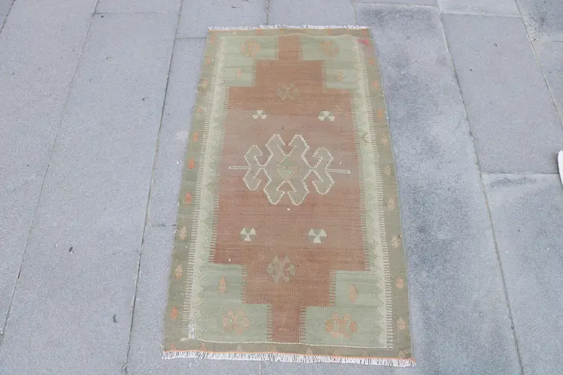 Vintage Small Rug 1.9x3.5 ft (58x108 cm), Oushak Brown Floral Turkish Rug - 1