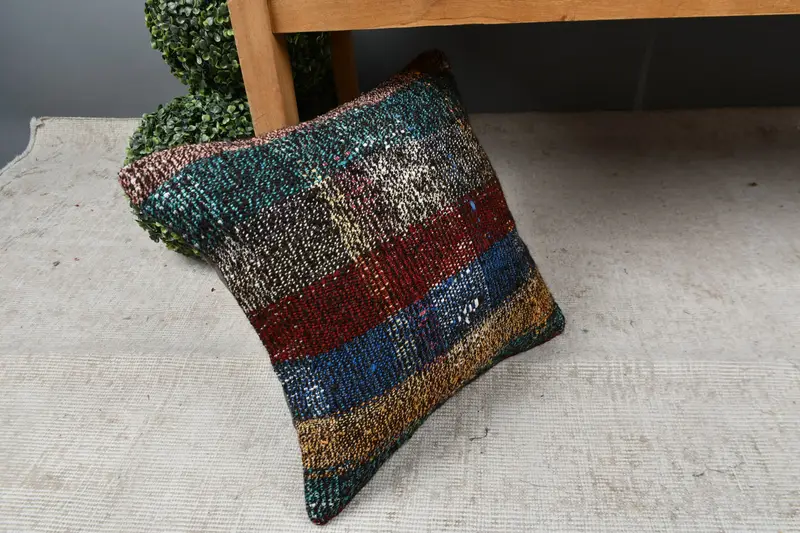 Kilim Cushion Sham, Turkish Pillow, Living Room Throw Pillow, Vintage Pillow, Ottoman Cushion, 16x16 Blue Cushion Cover, Cushion Case, Kilim Pillow - 7