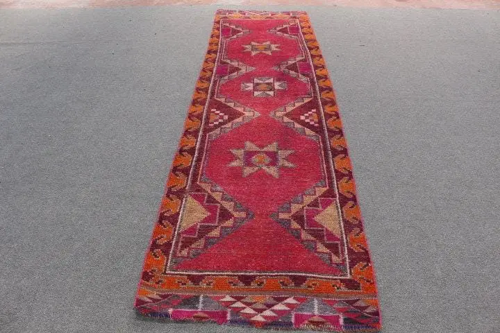 3x11.1 ft Runner Vintage Turkish Rug, Red Wool Rug - 1