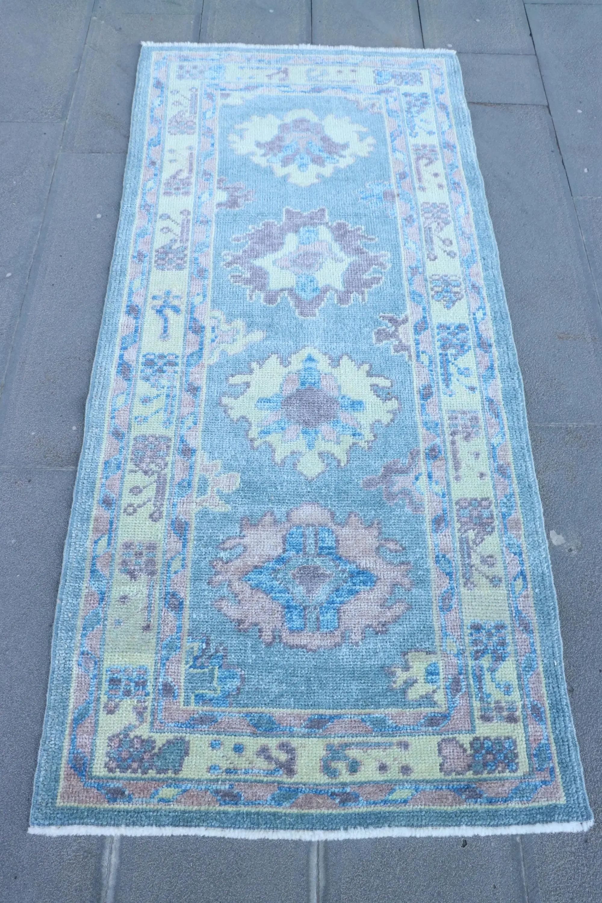 Zarif Bej ve Mavi Halı, 2,7x6,2 ft Çizgili Tasarım - 1