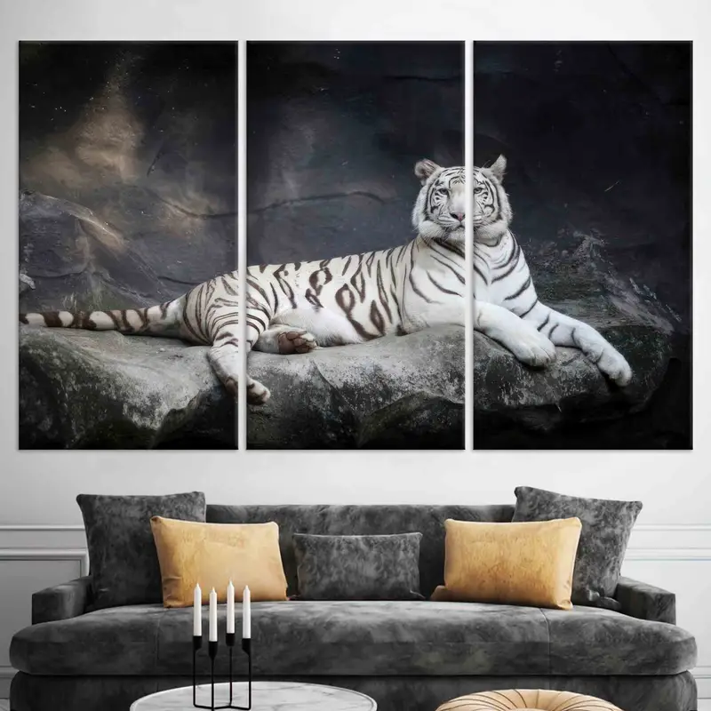 Arte de pared de tigre blanco, lienzo de gatos grandes, decoración de la pared de la cueva, arte de pared de la granja, arte moderno de pared, arte de pared de la sala de estar, decoración del hogar, arte de lona - 2