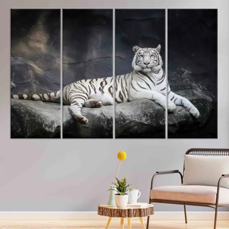 Arte de pared de tigre blanco, lienzo de gatos grandes, decoración de la pared de la cueva, arte de pared de la granja, arte moderno de pared, arte de pared de la sala de estar, decoración del hogar, arte de lona - 3