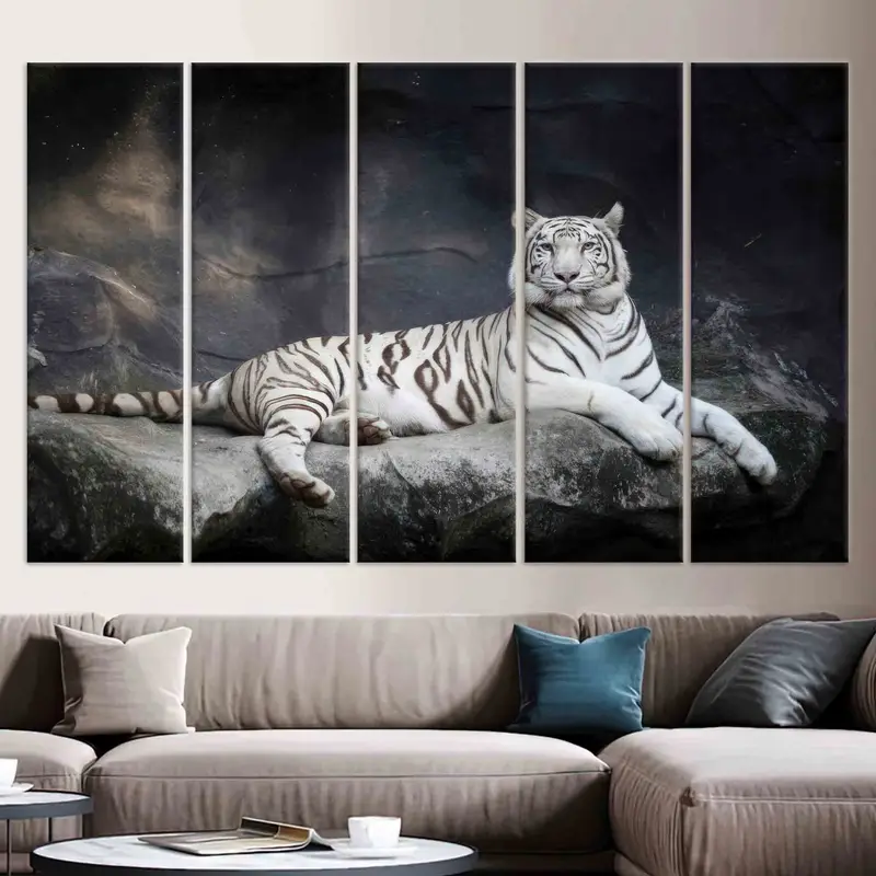 Arte de pared de tigre blanco, lienzo de gatos grandes, decoración de la pared de la cueva, arte de pared de la granja, arte moderno de pared, arte de pared de la sala de estar, decoración del hogar, arte de lona - 4