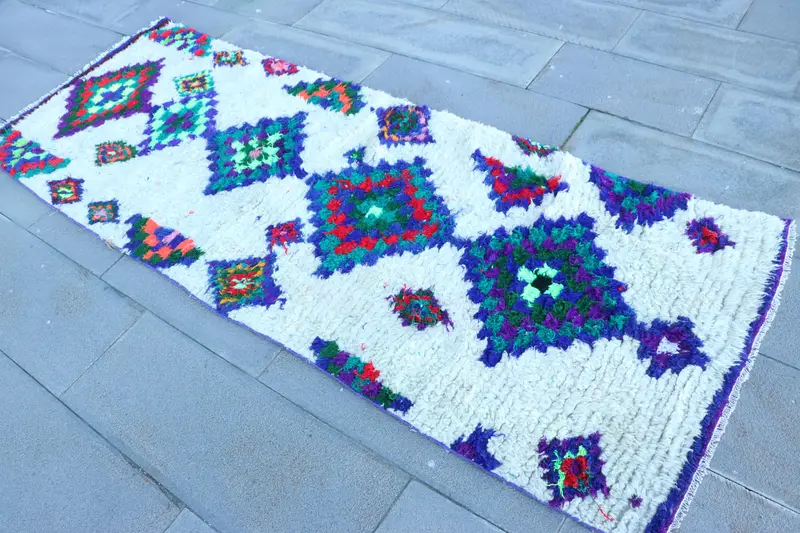 2.9x8 ft Turkish Runner Rug, White Purple Vintage Moroccan Wool Rug - 1