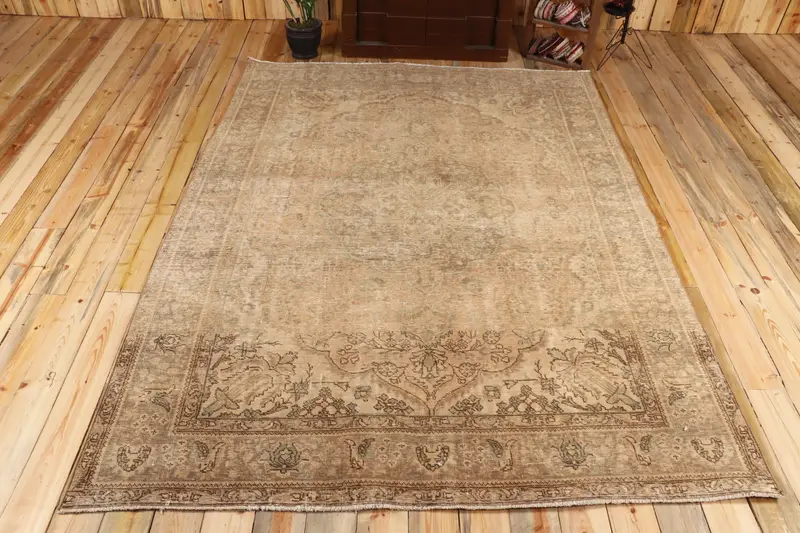Türk 6.9x9.1 ft Halı, Büyük Vintage Halı, Kahverengi İkat Yün Halı - 1
