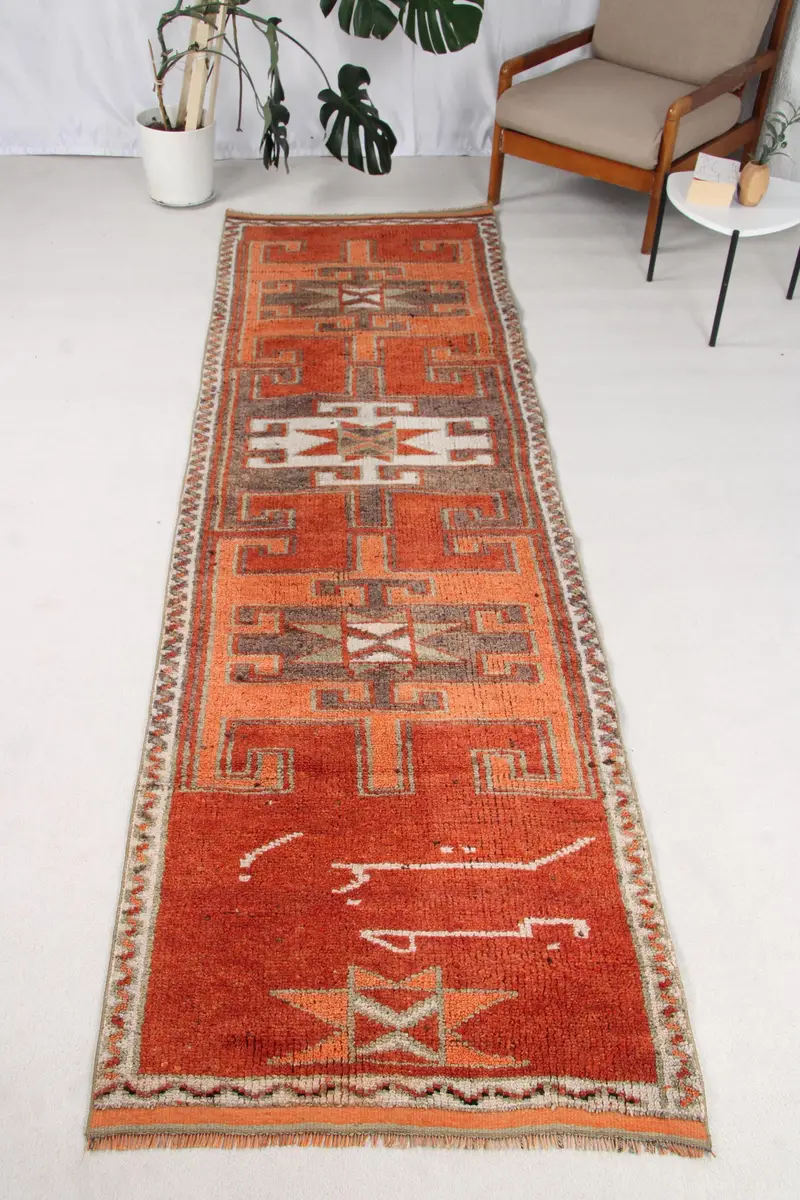 Vintage Runner Halı 3x11 ft, Türk Herki Turuncu Paisley Yün Halı - 1