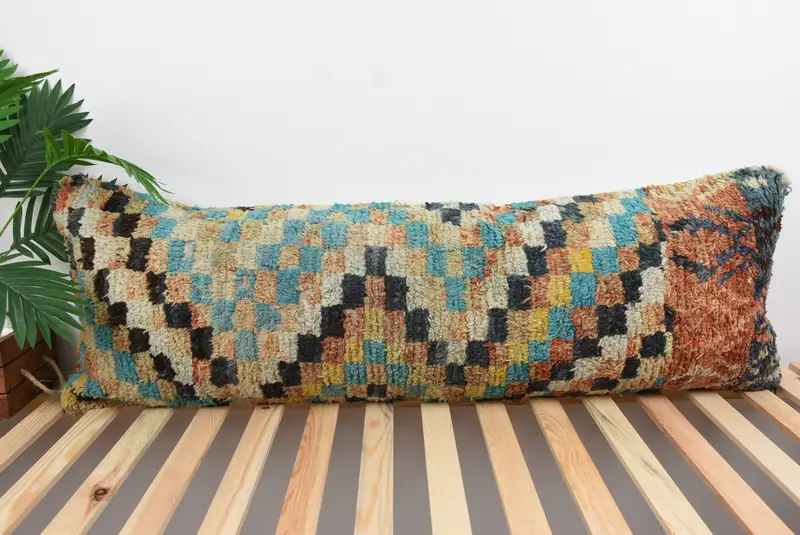 Turkish Bench Pillow, Southwestern Cushion, Pillow for Couch, Vintage Pillow, 16x48 Blue Pillow Case, Pillow Cover, Kilim Cushion Sham - 1