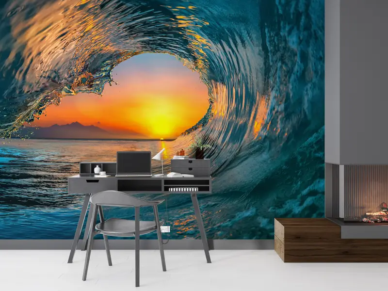 Printed Sunset Seascape Wallpaper: Elegant Ocean Wave Design
