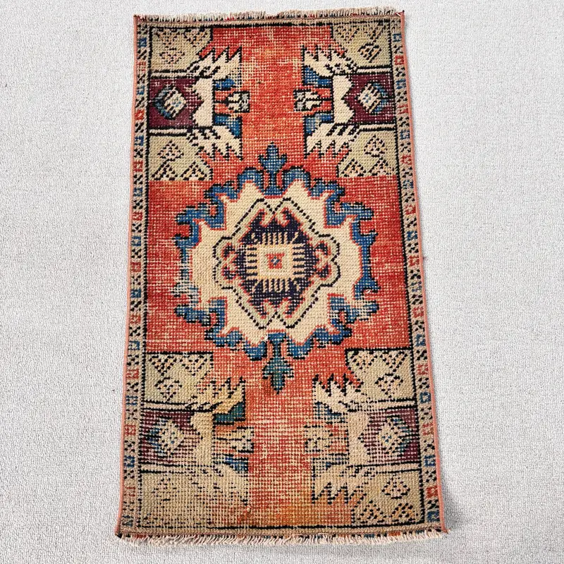 1.5x2.7 ft Small Vintage Rug, Red Floral Turkish Rug - 1