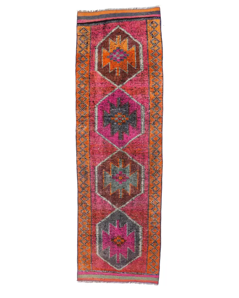 ピンクとオレンジのラグ、3x9.8フィートのストライプの幾何学模様のデザイン
