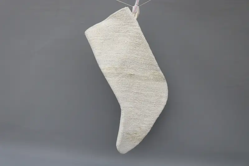 Beige Christmas Stocking with White Ornaments, Festive Holiday Stocking