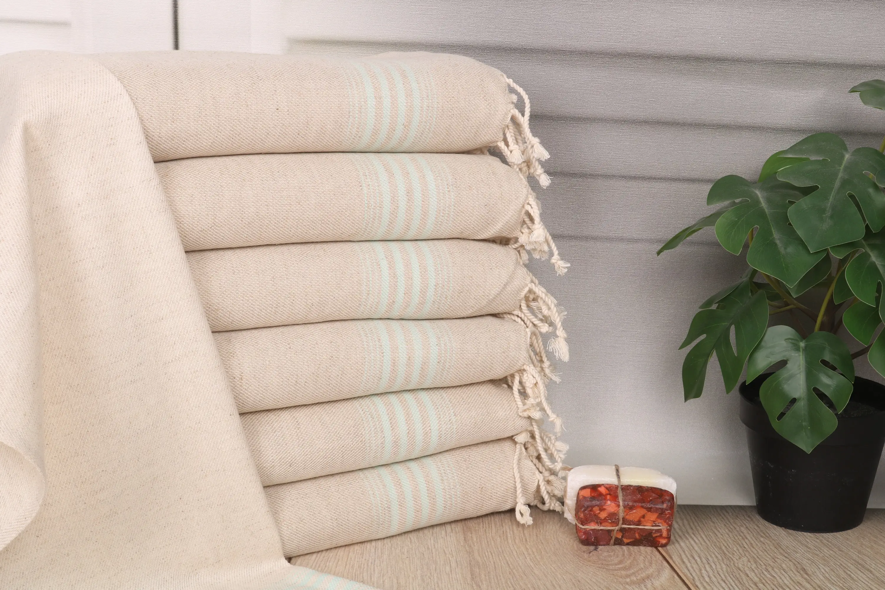 Personalized Striped Dish Towel Dark Mint Linen, 36x18 Inches - 1