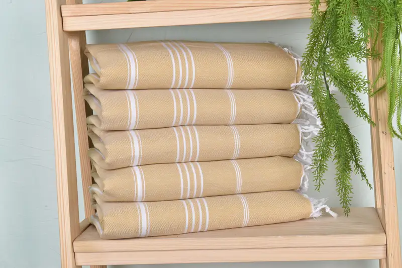 Striped Monogram Beach Towel Mustard Organic Cotton, 40x71 Inches