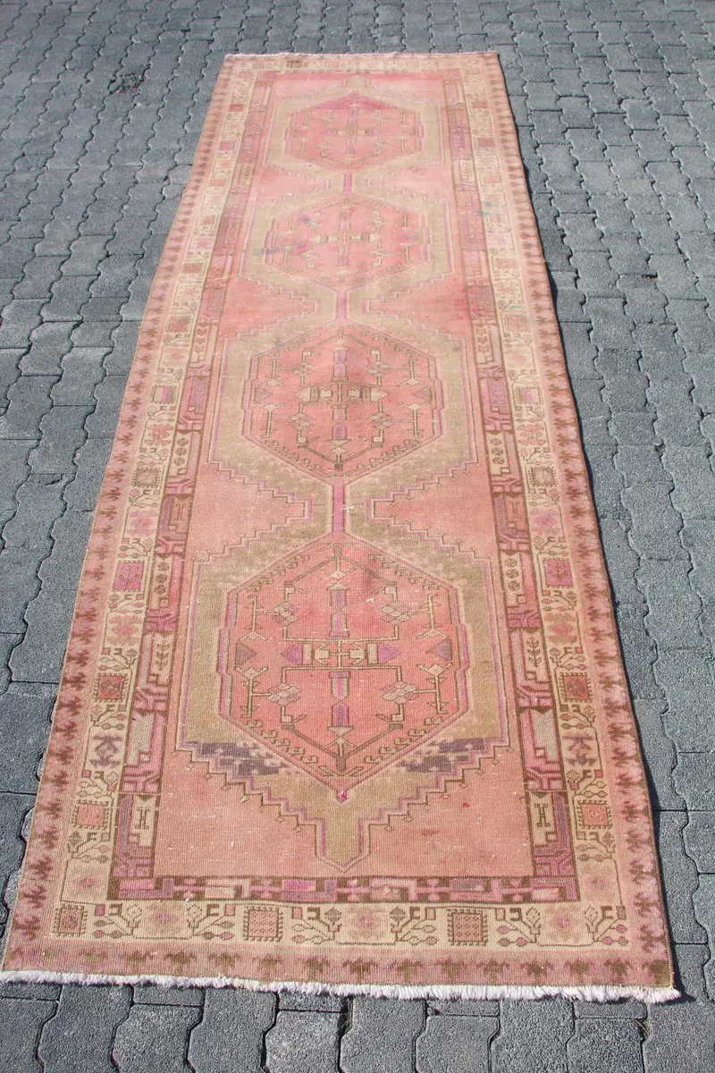 Türk 3.3x10.4 ft Halı, Oushak Vintage Halı, Pembe Çizgili Halı Yün - 1