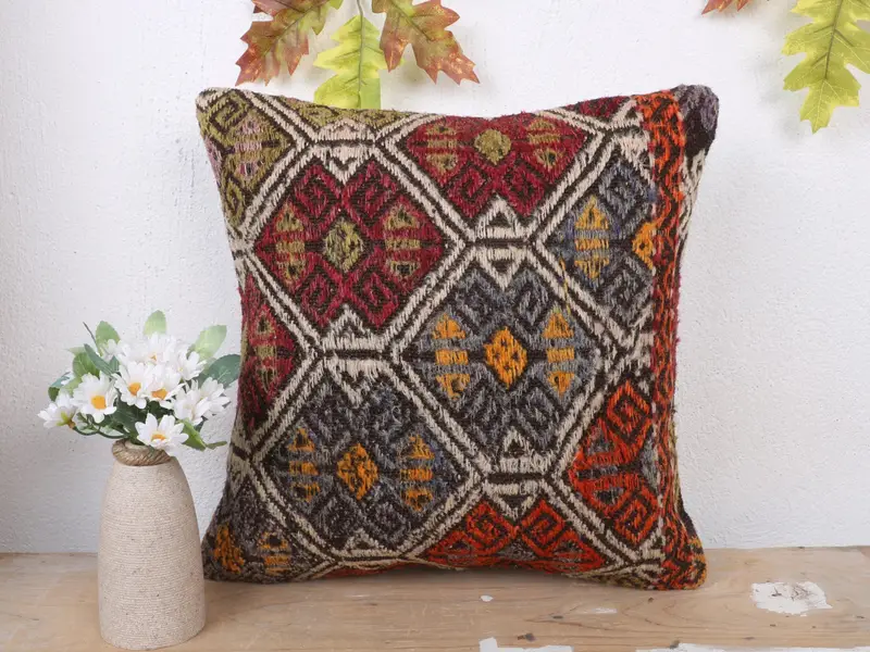 Blau & Rot besticktes Wurfkissen, 16x16 Vintage Kissen