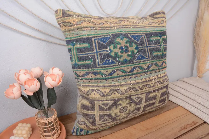 Handgefertigtes blaues und grünes Patchwork-Wurfkissen, Vintage besticktes Kissen