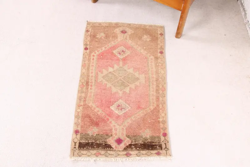 Handmade Red Rug, 1.2x2.9 ft with Green Accents
