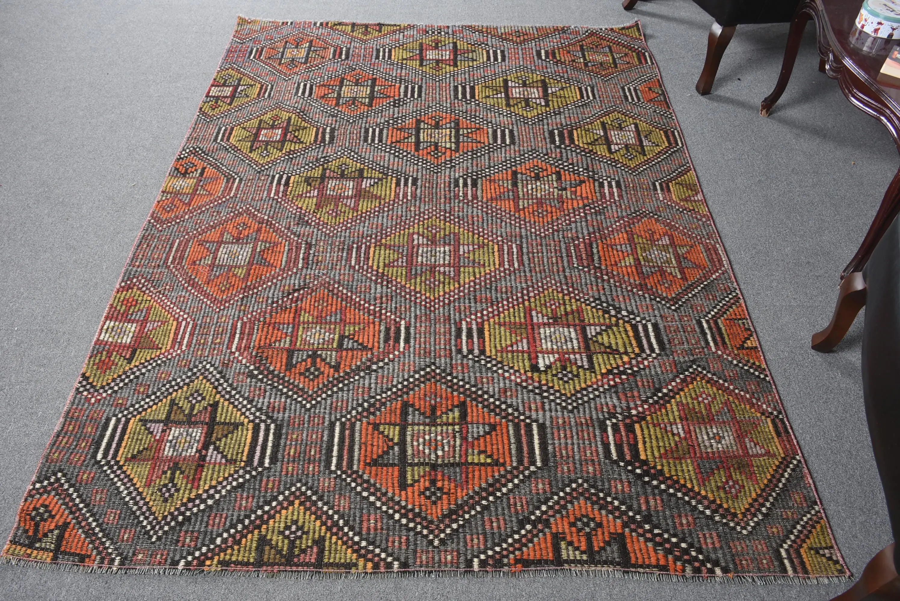 Vintage Kilim Halı 5.3x7.3 ft (163x222 cm), Kırmızı Çiçekli Türk Halısı - 1
