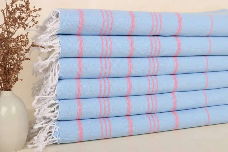 Beach Hand Towel Blue-Pink Cotton Turkish Handwoven 24x40 Inches